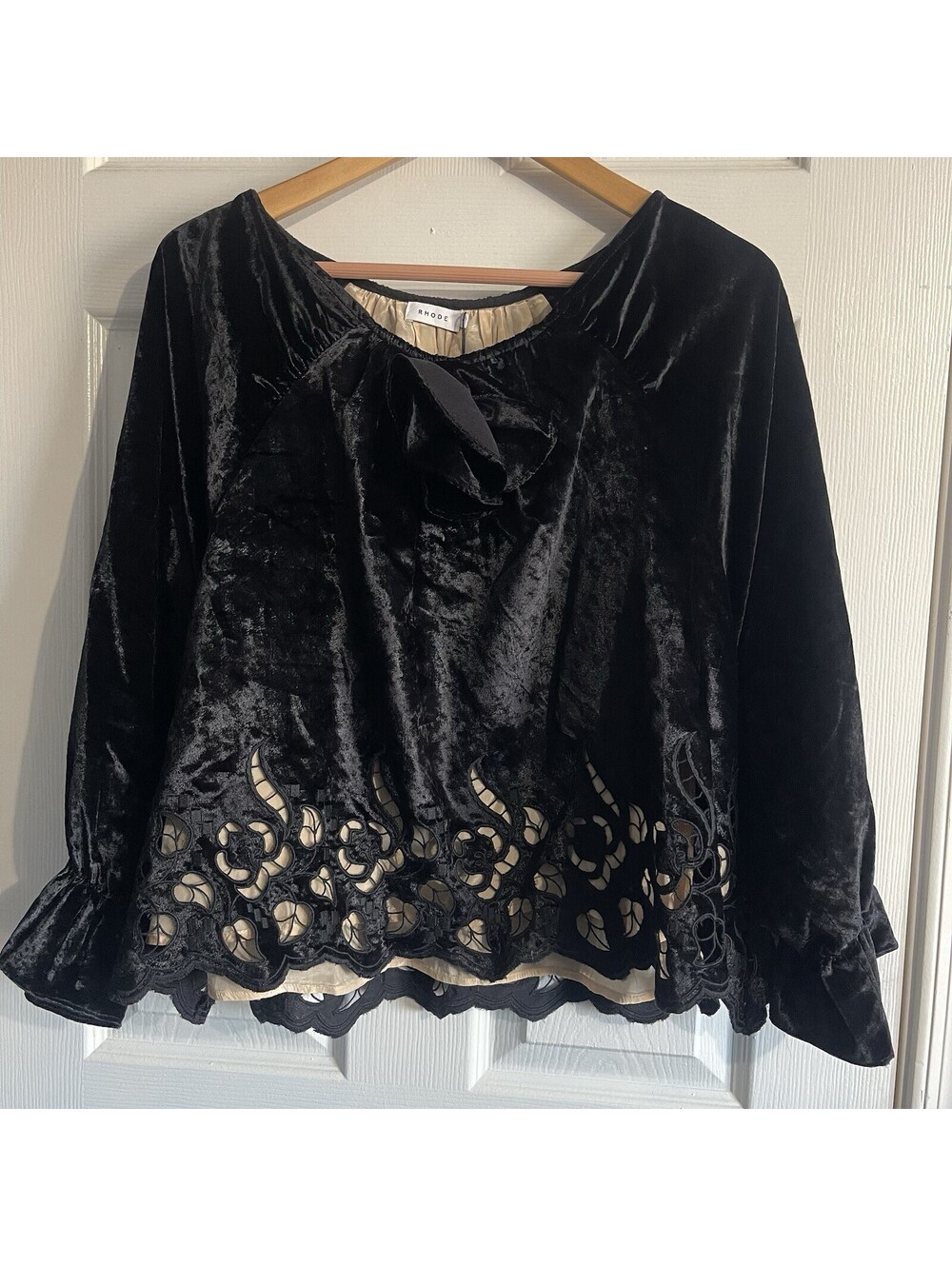 RHODE NWT Black Velvet Eyelet Clemence Top Small Lined Scallop Cutout Ruffle